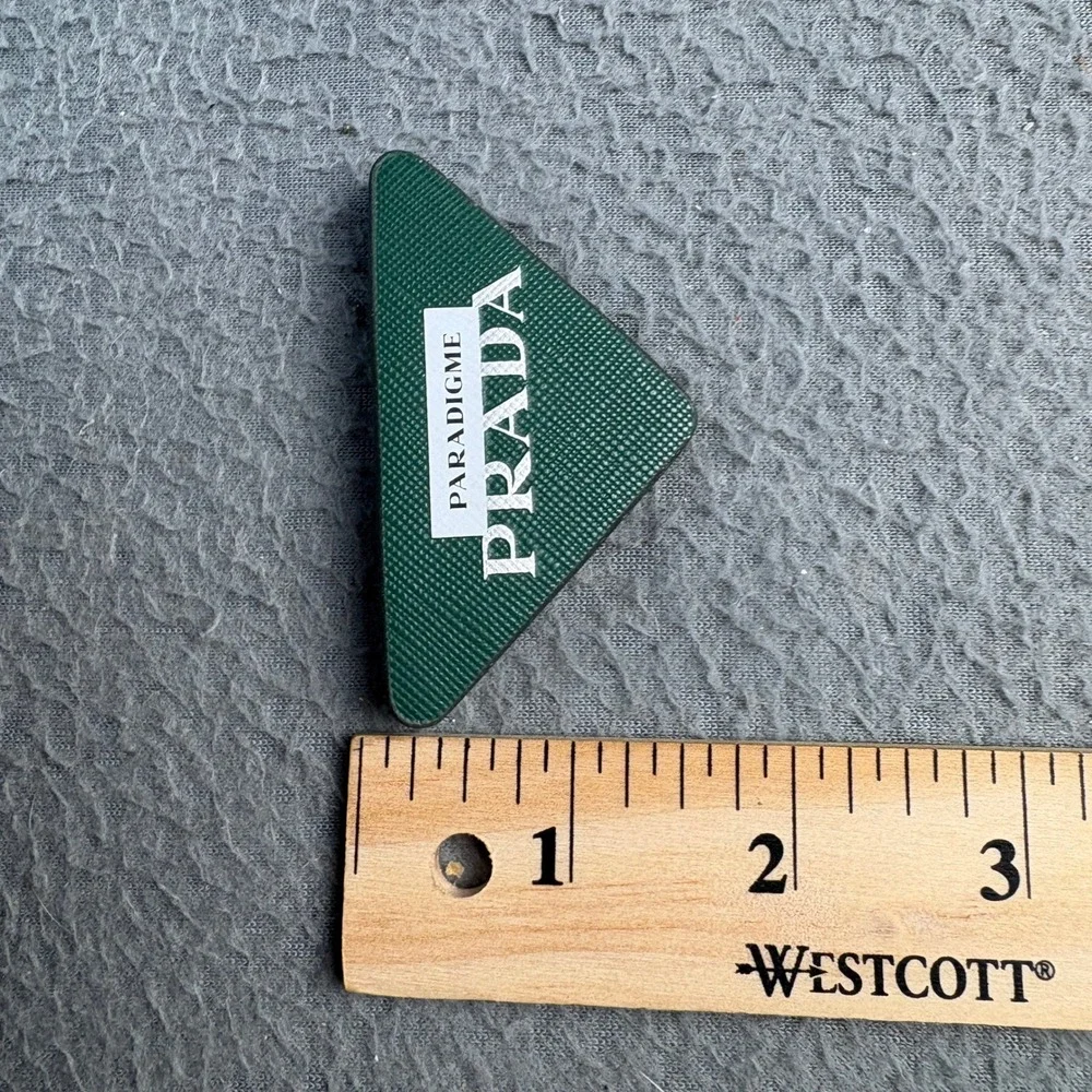 Prada Paradigme Triangle Logo Brooch Pin Green Saffiano Leather VIP Novelty